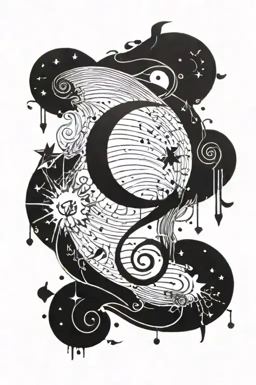 A hauntingly beautiful tattoo of a crescent moon surrounded by swirling music notes, capturing the client's love for music and the night sky tattoo design idea