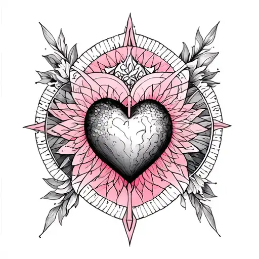 Full leg tattoo, Renaissance figure, sacred geometry, fine lines, pointillism, wind pink, heart tattoo design idea