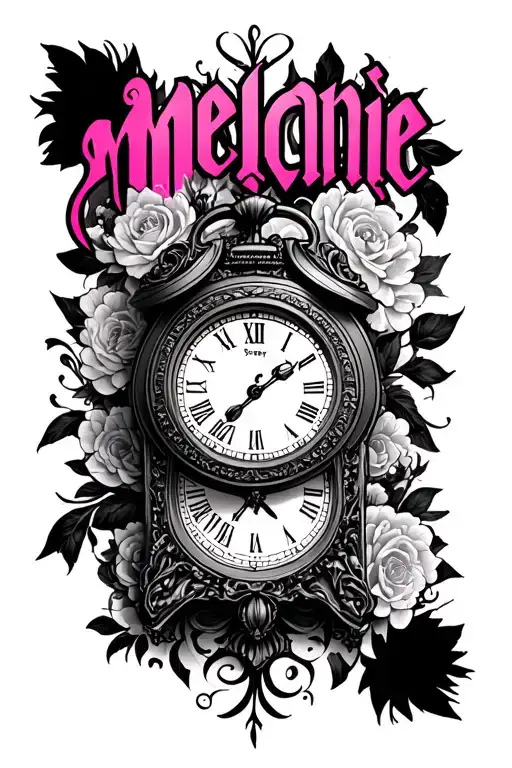 "Mélanie" Black pink clock clock tattoo design idea
