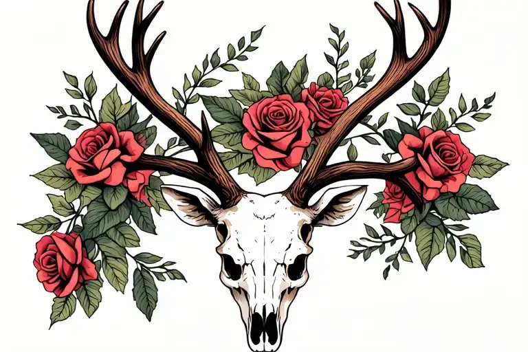 deer skull with antlers and roses intertwined tattoo design idea