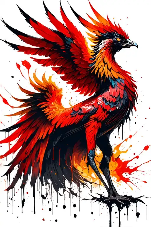Black, red, orange mythical Phoenix with prominent tail, feathers and wings raised in flight, rising from ashes, beautif tattoo design idea