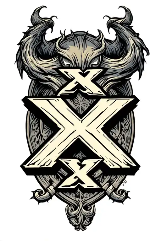 "XXX" triple x, center X is bigger, center X has its ends extending horizonally in opposite directions, devil tail on one tattoo design idea