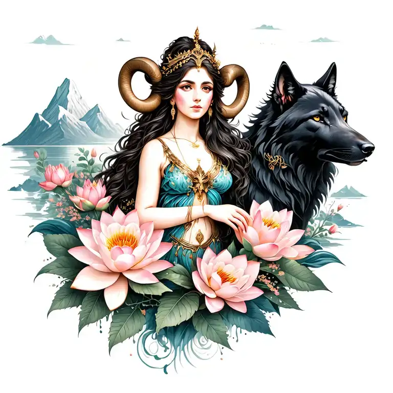 Aries goddess surrounded by poeny and lotus flowers with a black wolf and mountains tattoo design idea