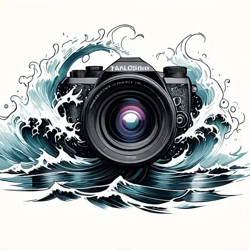 A camera lens surrounded by swirling waves, symbolizing the connection between photography and swimming tattoo design idea