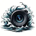 A camera lens surrounded by swirling waves, symbolizing the connection between photography and swimming tattoo design idea