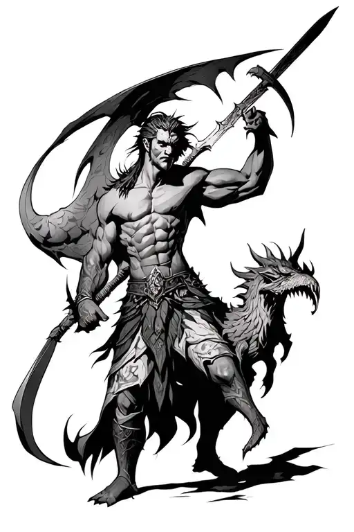 warrior slaying demon tattoo design idea