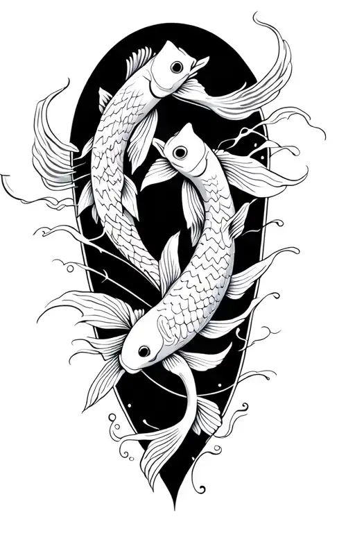 Maori Kiti in the integrated center 2 fish koi with waves in black tattoo gray for the back of the calf tattoo design idea
