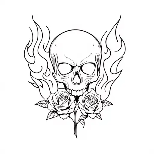 skull and roses with flames symbolizing tattoo design idea