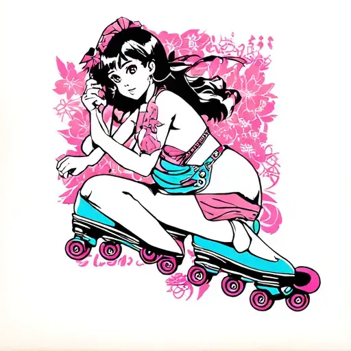 japanese pin up girl with roller skates tattoo design idea