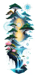random combo of images of Buddhist landscapes with trees,waterfalls,small lotus flowers,constellations,steampunk gears. tattoo design idea