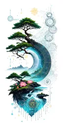 random combo of images of Buddhist landscapes with trees,waterfalls,small lotus flowers,constellations,steampunk gears. tattoo design idea
