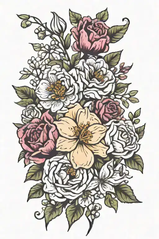 February &July birth flower bouquet tattoo design idea