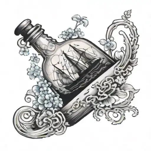 Ship in a bottle, tentacles around, forget me nots tattoo design idea