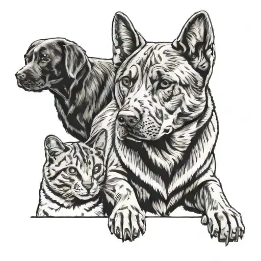 labrador, retrodoodle and tabby cat outlines tattoo design idea