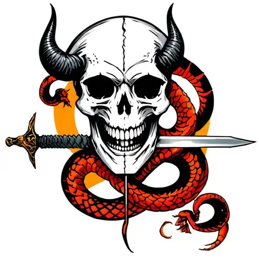 skull with horns and one is broken with a sword going from the totho skulls and the sword is a snake with scorpion Head  tattoo design idea
