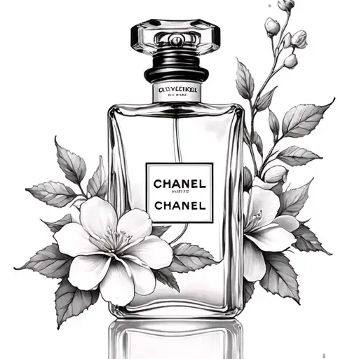Chanel bottle, Arabian Jasmine, roses, life tattoo design idea