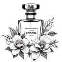 Chanel bottle, Arabian Jasmine, roses, life tattoo design idea