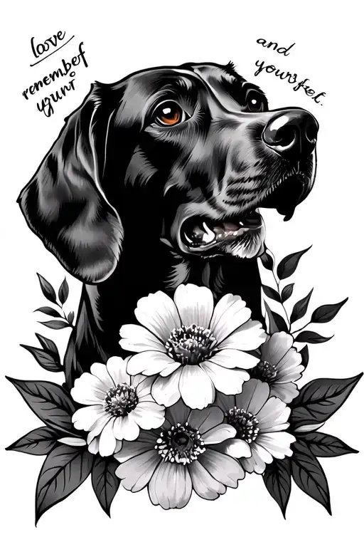 flowers with English round hound saying " love yourself and remember your faith" tattoo design idea