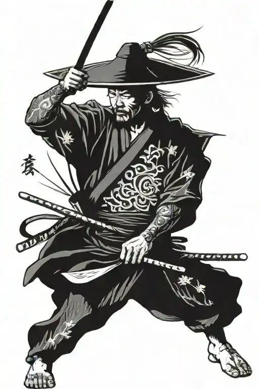 samurai with 3 swords in a fighting stance with a triangular hat and with all sorts of lines and drawings around tattoo design idea