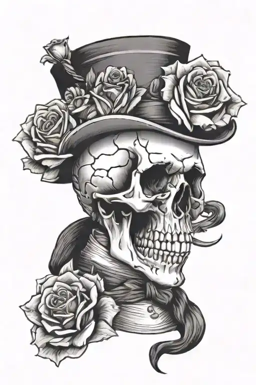 skull with top hat and roses  tattoo design idea