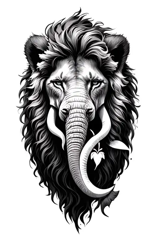 feminine lion with a hole in her chest showing a masculine elephant instead of a heart  tattoo design idea