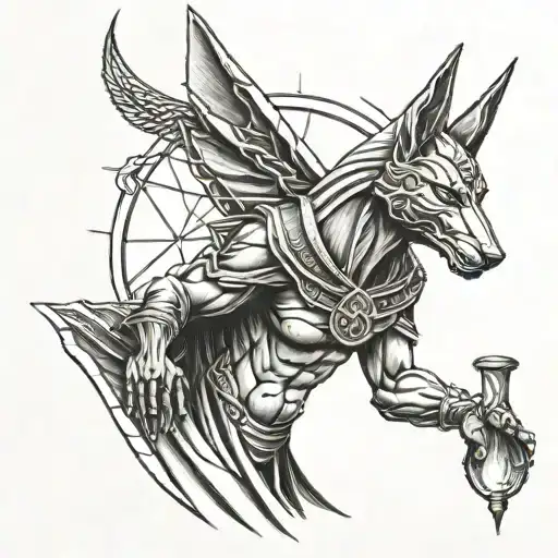 anubis holding hour glass with sand tattoo design idea