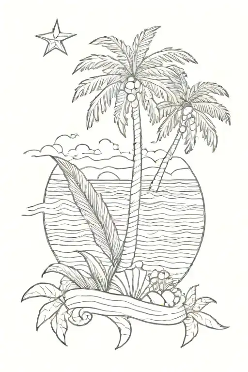 Barbados flag flowing into the sea with shells and a palm tree leaf, all in a straight line tattoo design idea