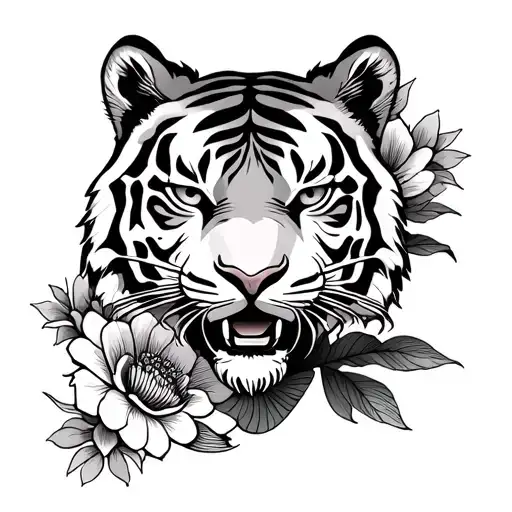 japanise style tiger with fish with flower print logo designjapanise style tiger with fish with flower print logo tattoo design idea