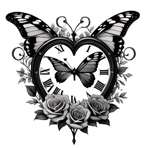 Love heart clock with roman numerals numbers 11:03 butterfly’s Oliver and roses tattoo design idea