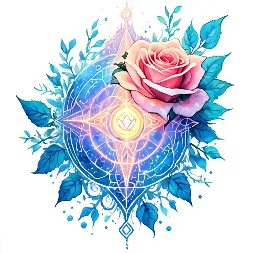 arcane symbols and roses glowing floating energy tattoo design idea