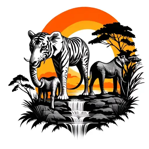 safari theme, tiger giraffe elephant, orange sunset, waterfall in background. tattoo design idea