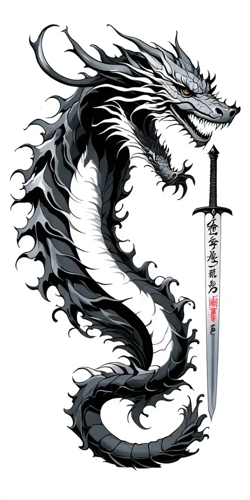 Sea dragon in waves that wrap around the arm and a sword on the forearm that has the Japanese Kanji for peace, love stre tattoo design idea