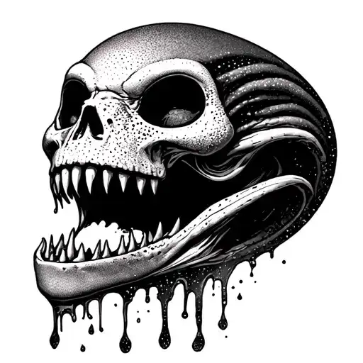 Alien Romulis, an elongated skull with an open mouth with large fangs splashes saliva tattoo design idea