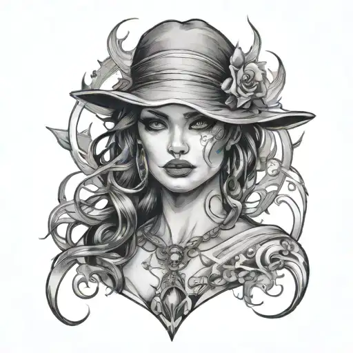 female portrait in arcane style tattoo design idea