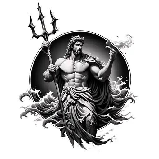 poseidon holding his trident and its a sleeve and waves around him make it into a arm sleeve tattoo design idea