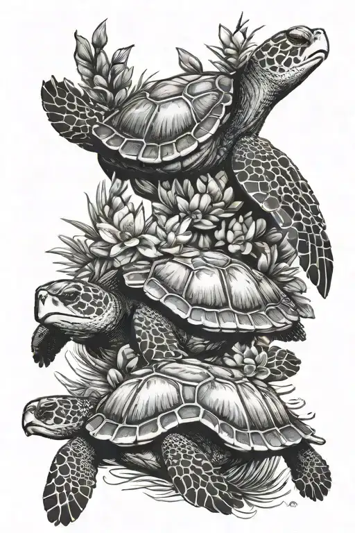 Family tattoo design of three detailed sea turtles swimming together, each with a unique flower as their shell.  tattoo design idea