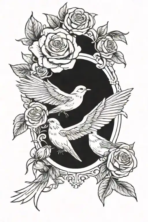 flying canary with roses growing together tattoo design idea