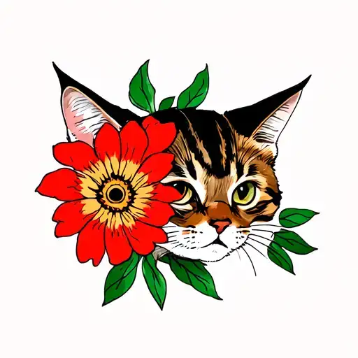 mid century modern flower in color red with tabby cat tattoo design idea