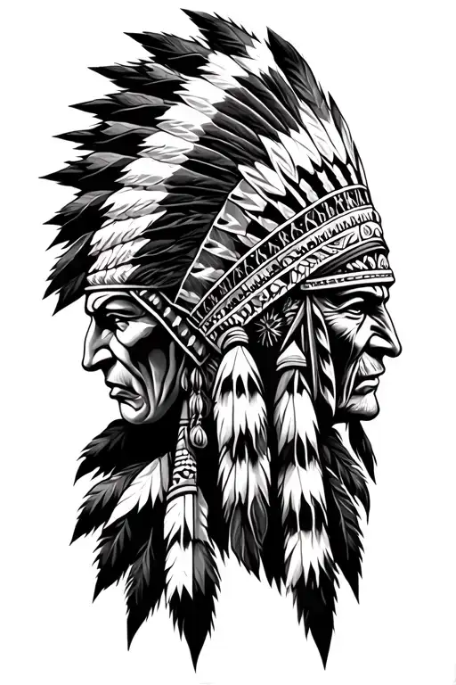 native american chief headress with good and evil face on opposite sides tattoo design idea