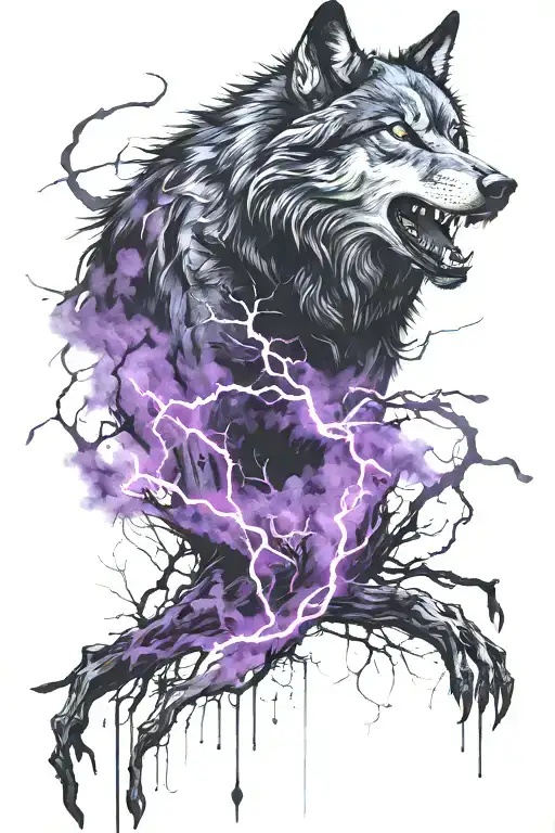 clubs of black and purple fog. blue lightning in places. somewhere there are black wolf tracks and small bones. tattoo design idea