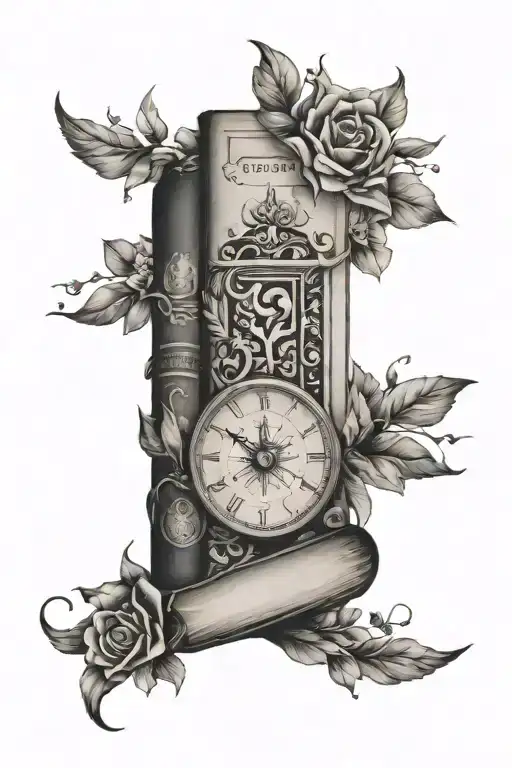 full sleeve arm tattoo with a stack of book as the focal point and small floral accents tattoo design idea