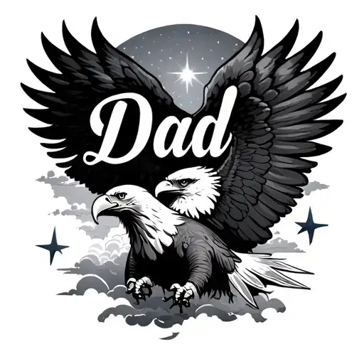 "Dad 01/02/1958-18/09/2024" eagle stars shining clouds tattoo design idea