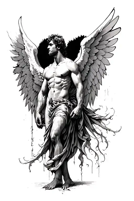 fallen angel muscolous male with wings front view tattoo design idea