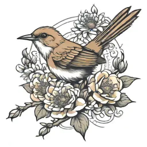 nightingale perched on aster flowers tattoo design idea