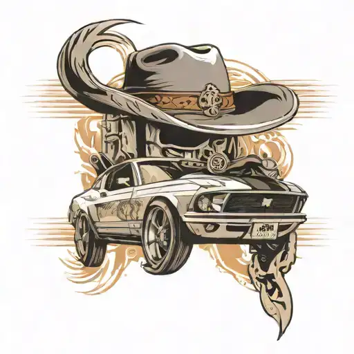 cross, cowboy hat, 69 mustang tattoo design idea