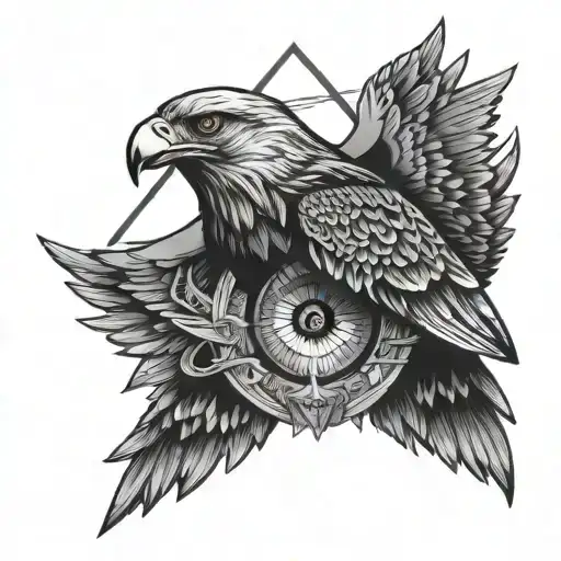 Illuminati eye with triangle in the center of bald eagle spreaded wings tattoo design idea