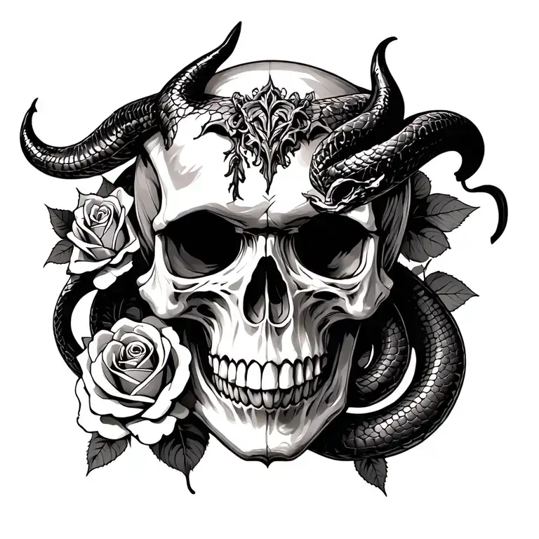 skull thats in the form of a devil, snake and roses. make a whole theme basically and i want my entire back covered  tattoo design idea