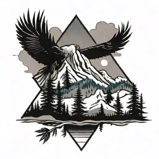 mt rainier with a small eagle flying over with evergreens inside a single diamond shape outline tattoo design idea