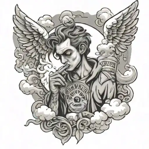 bad boy angel smoking weed morphing cloud memories saying im ok momma tattoo design idea