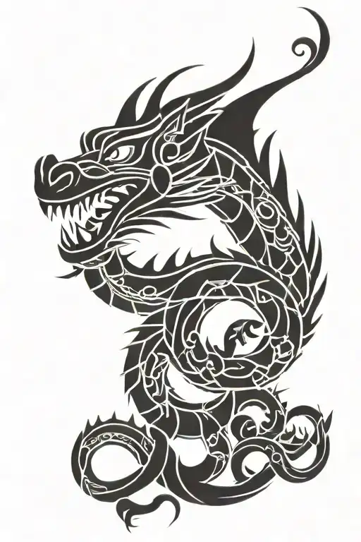 dragon and Polynesian tiki warrior tattoo design idea